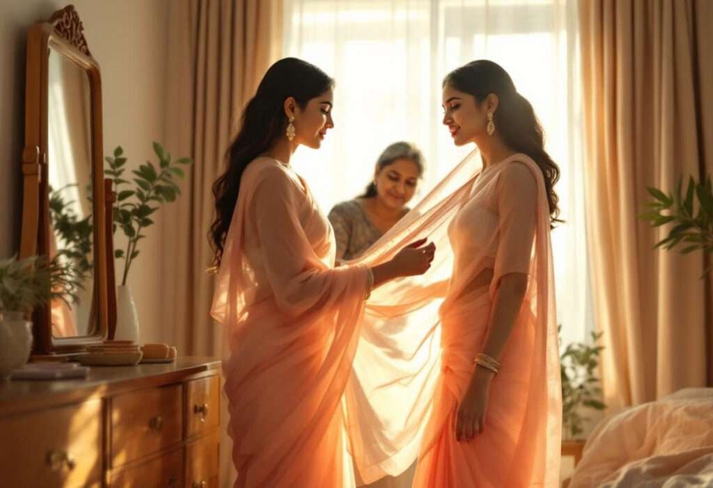 Style Guide: How to Flaunt Pure Chiffon Georgette Sarees for Any Occasion 8 an women is learning to wear a saree