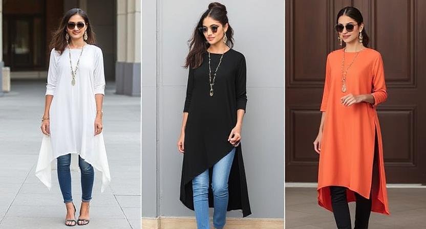 Trendy Indo Western Outfits for Girls: Fusion Fashion at Its Best 9 asymmetric kurti with jeans